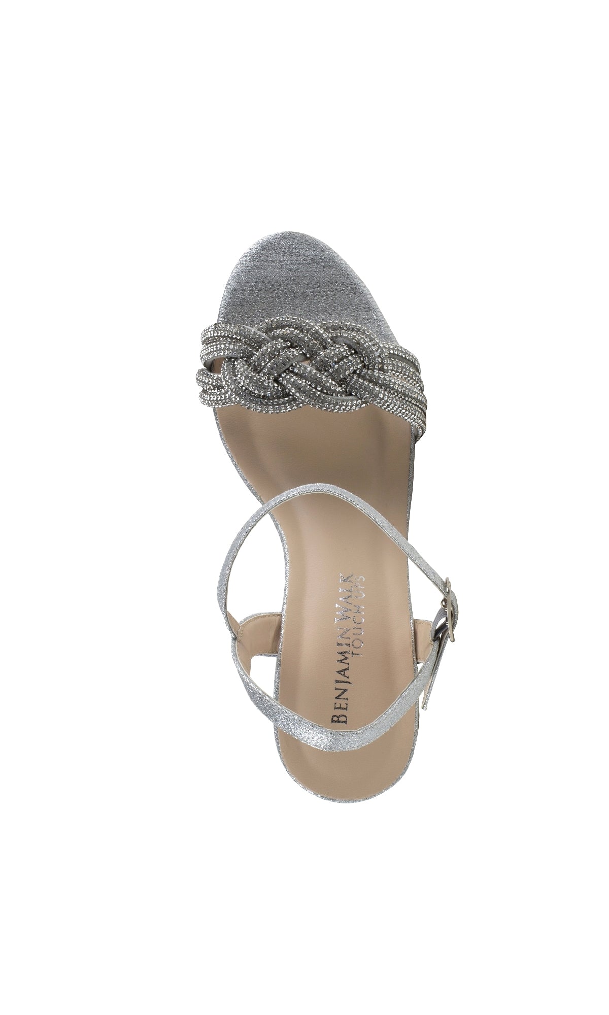The Gemini Silver Glitter Wedge Prom Shoes (Touch Ups 4649) feature a silver open toe, braided and jeweled front straps, and an adjustable ankle buckle—ideal for anyone seeking stylish glitter prom shoes.